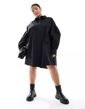 Черное укороченное платье-рубашка бойфренда с широкими рукавами ASOS DESIGN Curve Ultimate