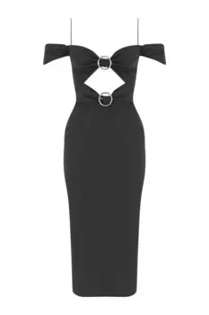 Черное вечернее платье миди с низкими рукавами и кольцом на животе и груди Whenever Company, черный