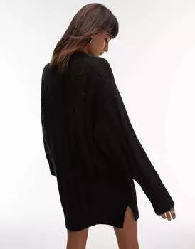 Черное вязаное мини-платье с воротником-воронкой и широкими рубчиками Topshop