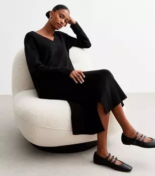 Черное вязаное платье-джемпер миди с V-образным вырезом New Look, черный