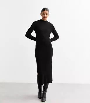 Черное вязаное платье-миди с высоким воротником в рубчик New Look, черный