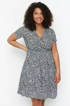 Черное вязаное платье с v-образным вырезом и воланами с цветочным узором TBBSS22EL1638 Trendyol, черный