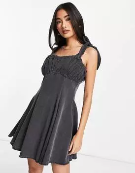 Черное выбеленное платье мини из мягкого денима со сборками ASOS DESIGN