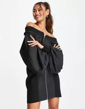 Черное выбеленное платье с открытыми плечами и ребристыми вставками ASOS DESIGN