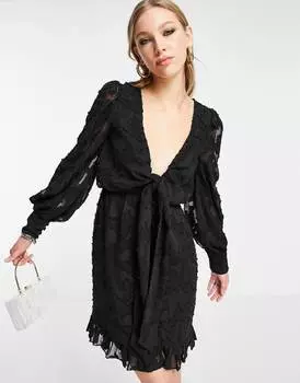 Черное выгорающее платье мини с глубоким вырезом ASOS DESIGN