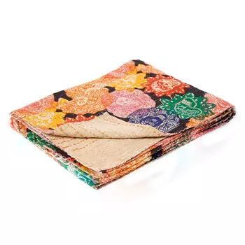 Черное, зеленое, красное и розовое хлопковое лоскутное одеяло Kantha размером 50 x 70 дюймов с вышивкой Homezia, цвет Multicolored