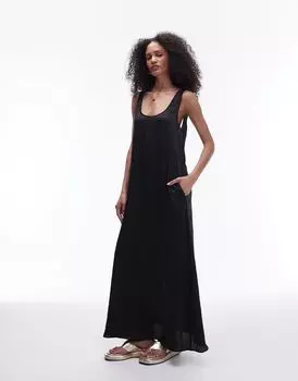 Черное жатое платье макси с глубоким вырезом Topshop