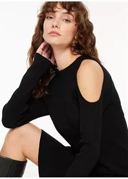 Черное женское платье миди с круглым вырезом в рубчик F3WL-ELB14 Fabrika, черный