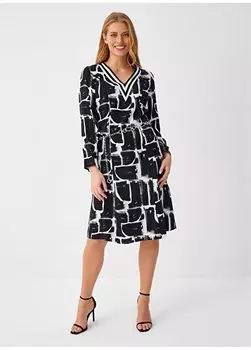 Черное женское платье ниже колена с V-образным вырезом U68287 Faik Snmez, черный