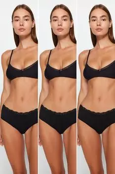 Черные 3 пары хлопковых кружевных трусиков-хипстеров удобного кроя с подробными деталями Trendyol, черный