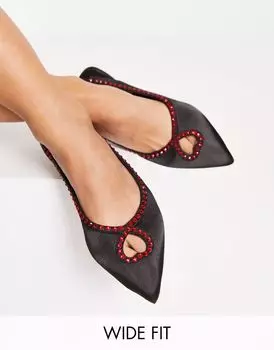 Черные атласные балетки Lust широкого кроя ASOS, украшенные драгоценными камнями в форме сердечек