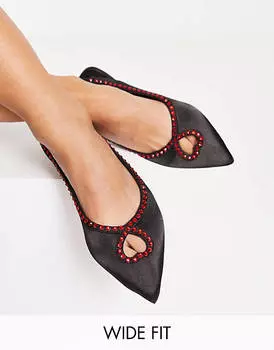 Черные атласные балетки со стразами в форме сердца ASOS DESIGN Wide Fit Lust