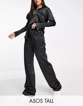 Черные атласные брюки без застежек ASOS DESIGN Tall