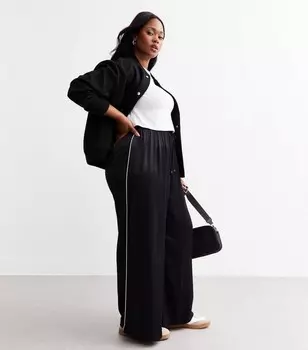 Черные атласные широкие брюки Curves с полосками по бокам New Look, черный