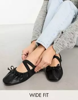 Черные балетки из искусственной кожи со сборками ASOS DESIGN Wide Fit Los Angeles