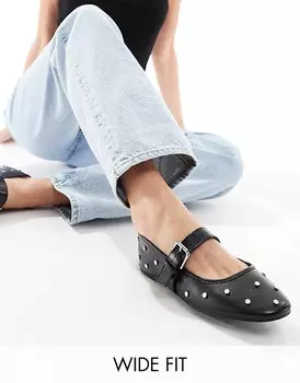 Черные балетки на плоской подошве Mary Jane с широкой посадкой и заклепками ASOS DESIGN – Lou