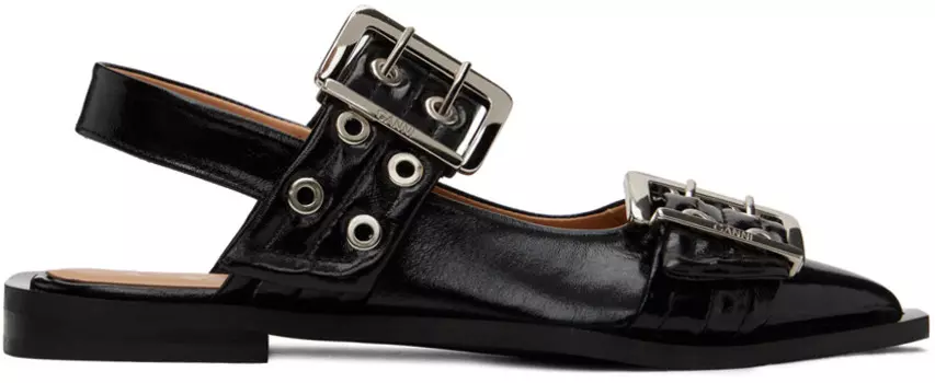 Черные балетки с массивной пряжкой Ganni