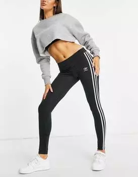 Черные блестящие леггинсы с 3 полосками adidas Originals
