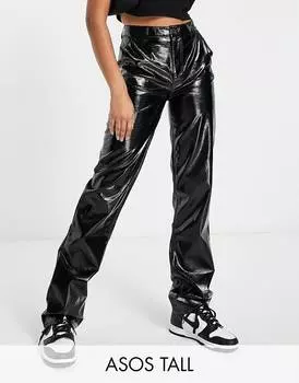 Черные блестящие виниловые брюки прямого кроя ASOS DESIGN Tall