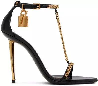 Черные босоножки на каблуке с цепочкой и замком TOM FORD