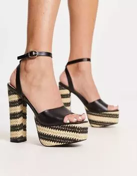 Черные босоножки на платформе South Beach с соломенным каблуком и квадратным носком
