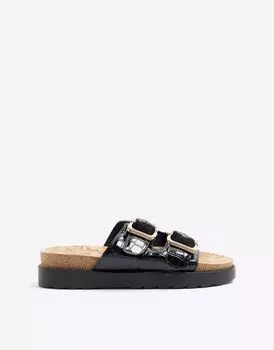 Черные босоножки с двойной пряжкой River Island