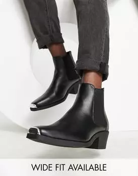 Черные ботинки челси на каблуке в стиле вестерн ASOS DESIGN из искусственной кожи с металлической фурнитурой