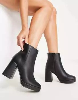 Черные ботинки на каблуке и платформе с квадратным носком New Look