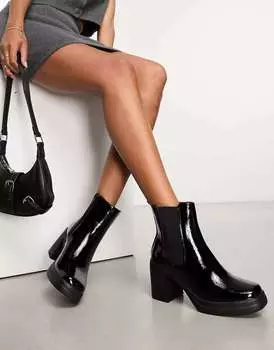 Черные ботинки на каблуке с крокодиловым принтом New Look