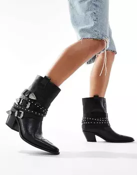 Черные ботинки в стиле вестерн с шипами и пряжкой ALDO Emberlynx из кожи крокодила
