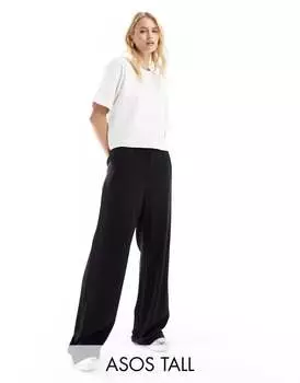 Черные брюки ASOS Tall с льняной отделкой, стежками и завышенной талией