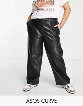 Черные брюки без застежек из искусственной кожи ASOS DESIGN Curve