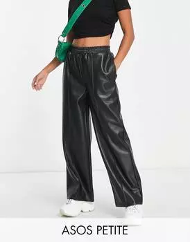 Черные брюки без застежки из искусственной кожи ASOS DESIGN Petite