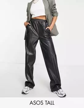 Черные брюки без застежки из искусственной кожи ASOS DESIGN Tall