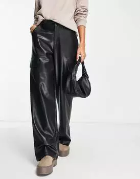 Черные брюки карго из искусственной кожи ASOS DESIGN