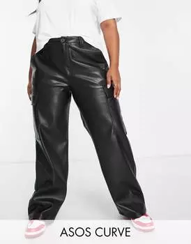 Черные брюки карго из искусственной кожи ASOS DESIGN Curve
