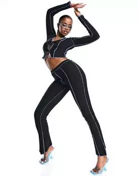 Черные брюки-клеш в рубчик с открытыми швами и вырезами ASYOU