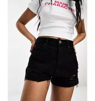Черные джинсовые рваные шорты Mom с завышенной талией Pull&Bear