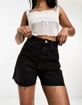 Черные джинсовые шорты с завышенной талией и необработанным краем Pull&Bear