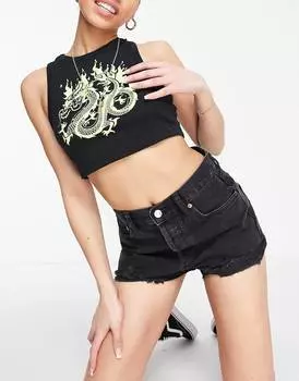 Черные джинсовые шорты свободного кроя со средней посадкой и прорехами ASOS DESIGN