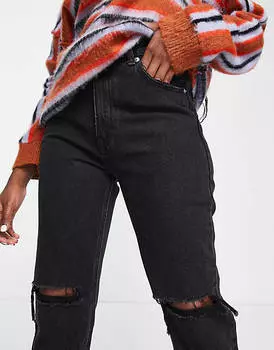 Черные джинсы с завышенной талией и рваными краями Pull&Bear