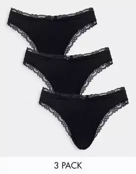 Черные хлопковые стринги с завышенной талией и кружевной отделкой ASOS DESIGN Malibu (3 шт.)