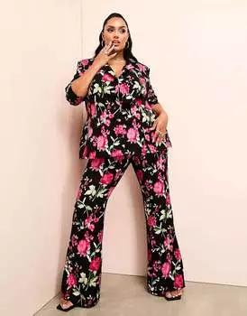 Черные костюмные брюки с цветочным принтом ASOS LUXE Curve