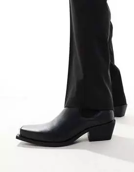 Черные ковбойские ботинки челси из искусственной кожи ASOS DESIGN на кубинском каблуке с серебряным носком