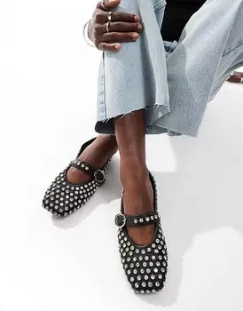 Черные кожаные балетки Mary Jane с украшением ASOS DESIGN Luxe Premium