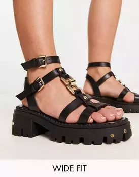 Черные кожаные массивные сандалии на плоской подошве с ремешками ASOS Forrest