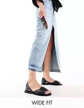 Черные кожаные плетеные сандалии на плоской подошве ASOS DESIGN Wide Fit Francisco
