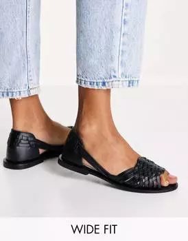 Черные кожаные плетеные сандалии на плоской подошве широкого кроя ASOS DESIGN Francis