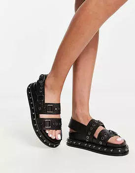 Черные кожаные сандалии на плоской подошве с шипами ASOS DESIGN Focused