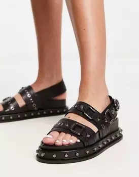 Черные кожаные сандалии на плоской подошве с шипами ASOS Focused